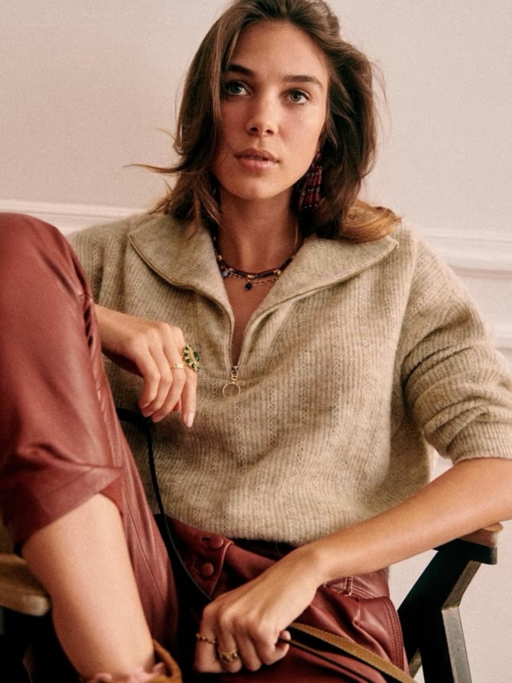 Sezane Johnny Half Zip. Beige